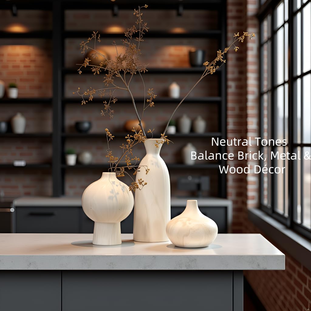 White Ceramic Vase Set of 3 – Minimalist Stone-Look Texture