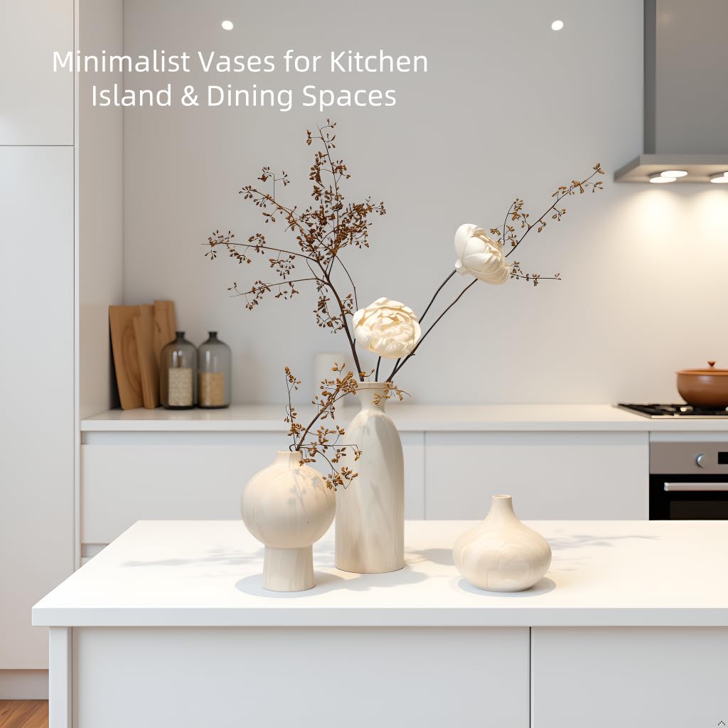 White Ceramic Vase Set of 3 – Minimalist Stone-Look Texture