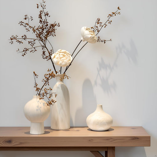 White Ceramic Vase Set of 3 – Minimalist Stone-Look Texture