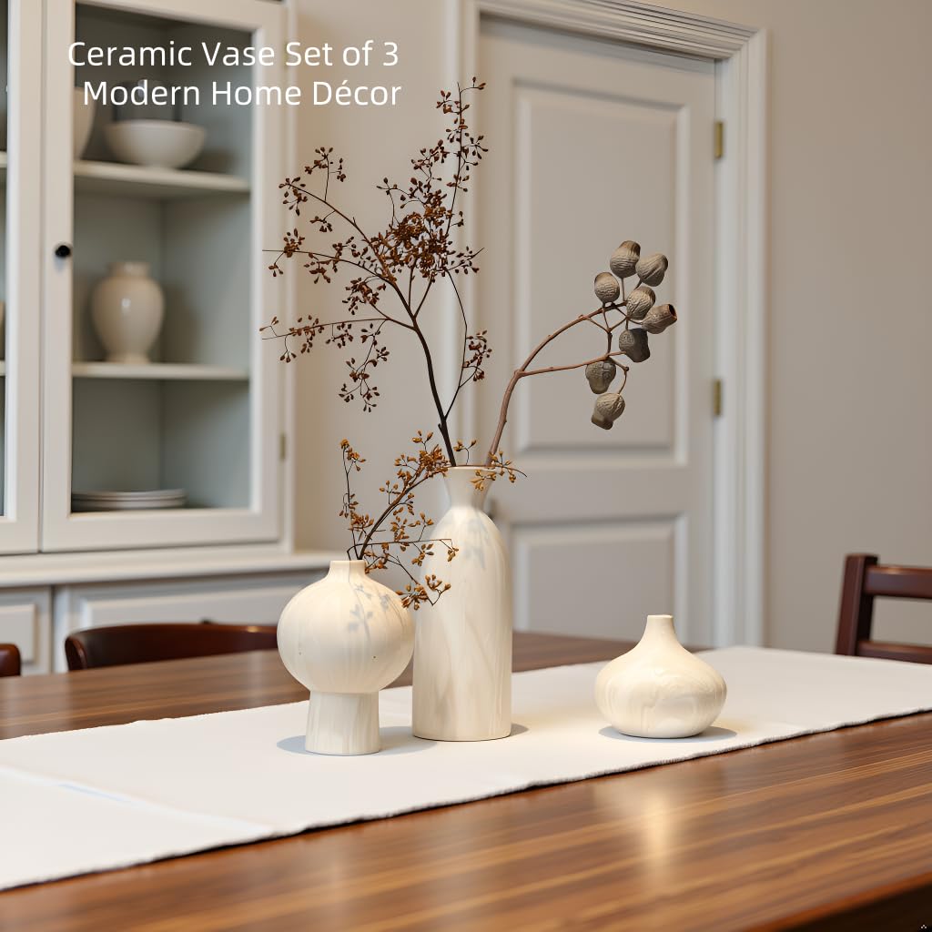 White Ceramic Vase Set of 3 – Minimalist Stone-Look Texture