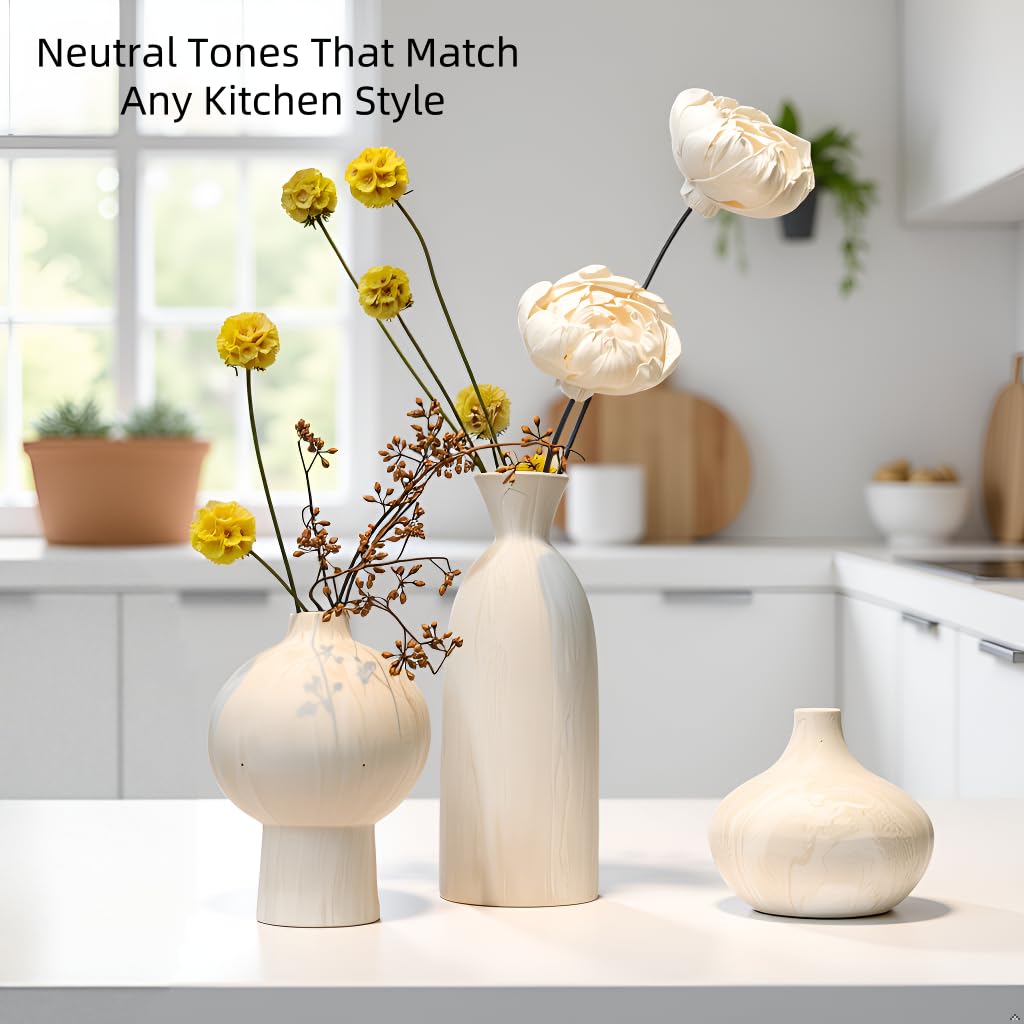 White Ceramic Vase Set of 3 – Minimalist Stone-Look Texture