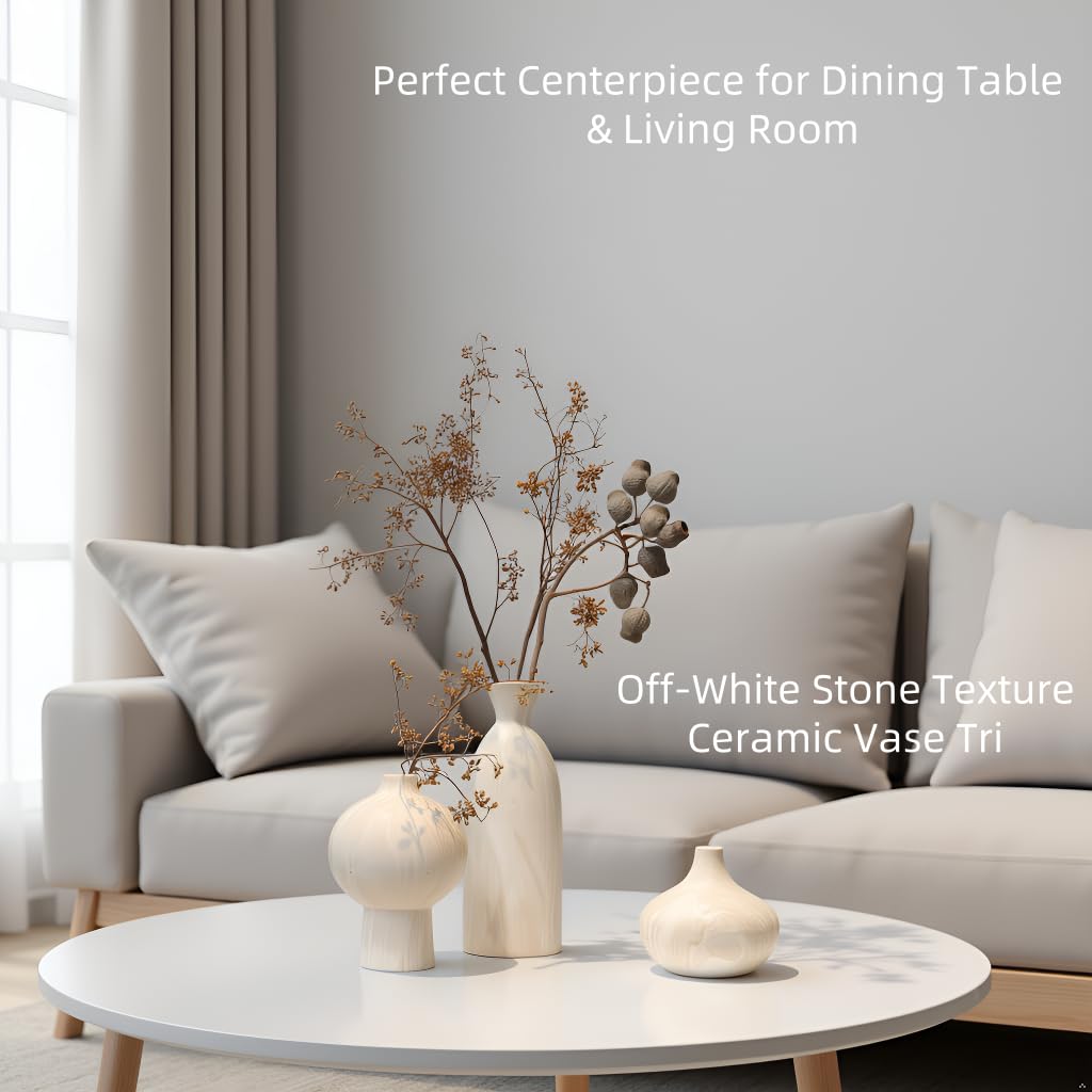 White Ceramic Vase Set of 3 – Minimalist Stone-Look Texture
