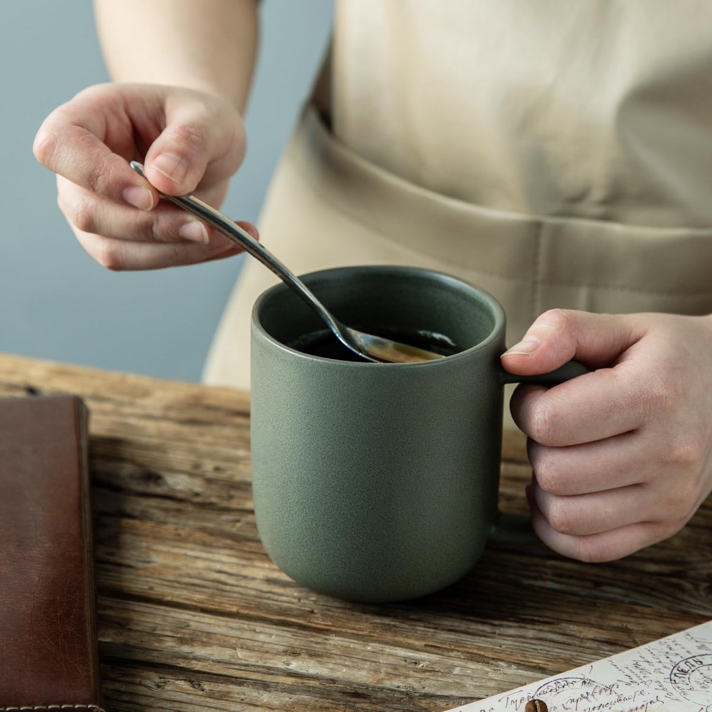Ceramic Coffee Mugs Set of 6 – 14oz Reactive Glaze, Wavy Rim