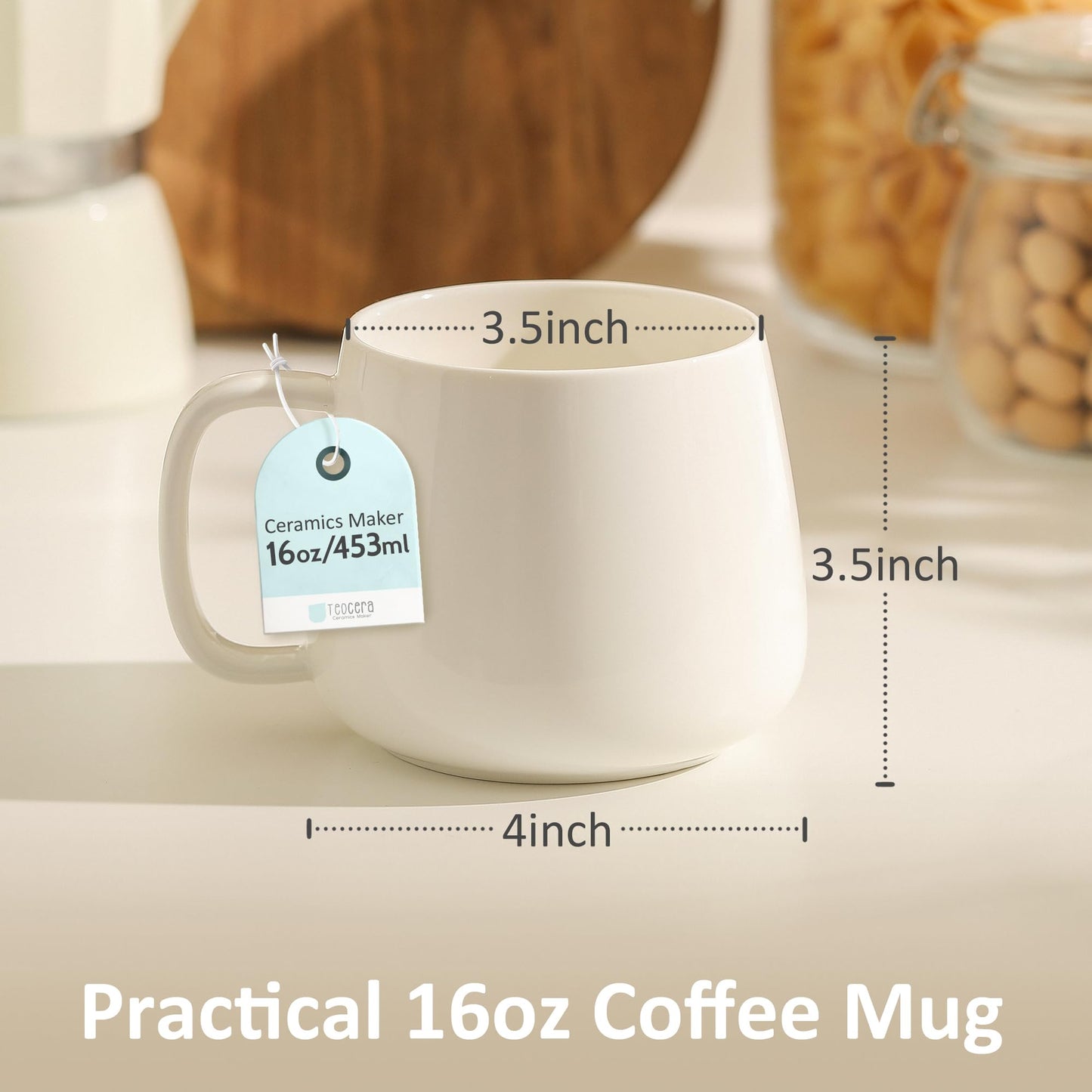 Ceramic Coffee Mugs Set of 4 – 16oz Stackable, White