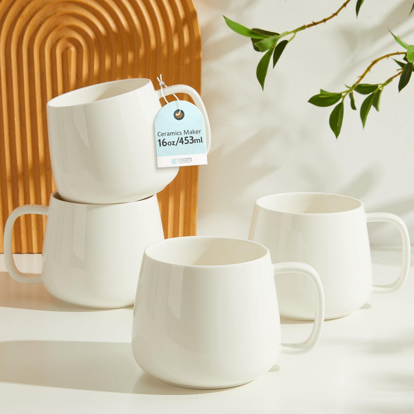Ceramic Coffee Mugs Set of 4 – 16oz Stackable, White