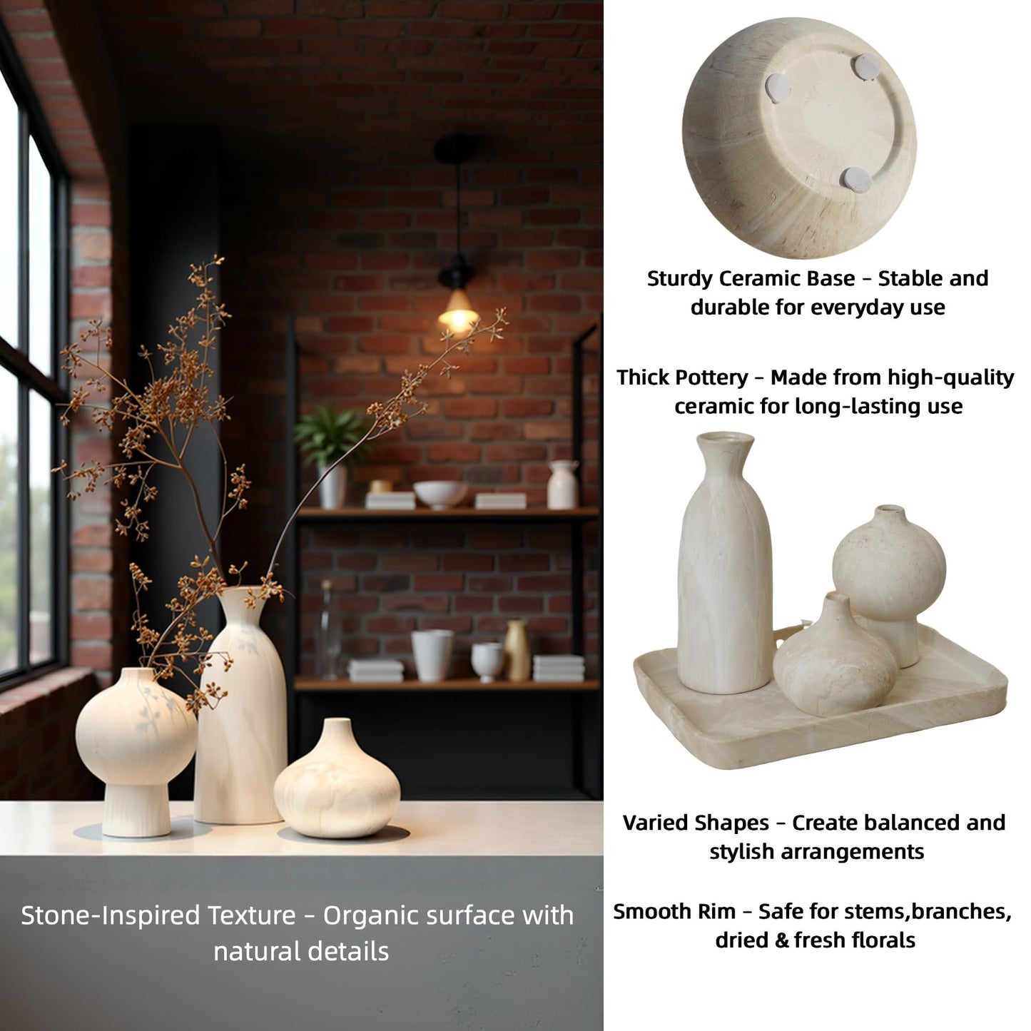 White Ceramic Vase Set of 3 – Minimalist Stone-Look Texture