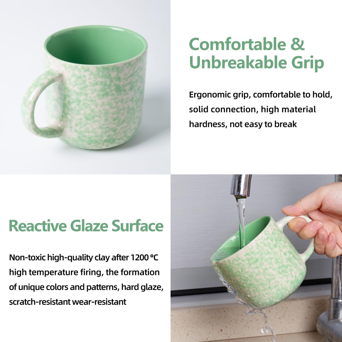 Ceramic Coffee Mugs Set of 4 – 12oz with Handle, Green