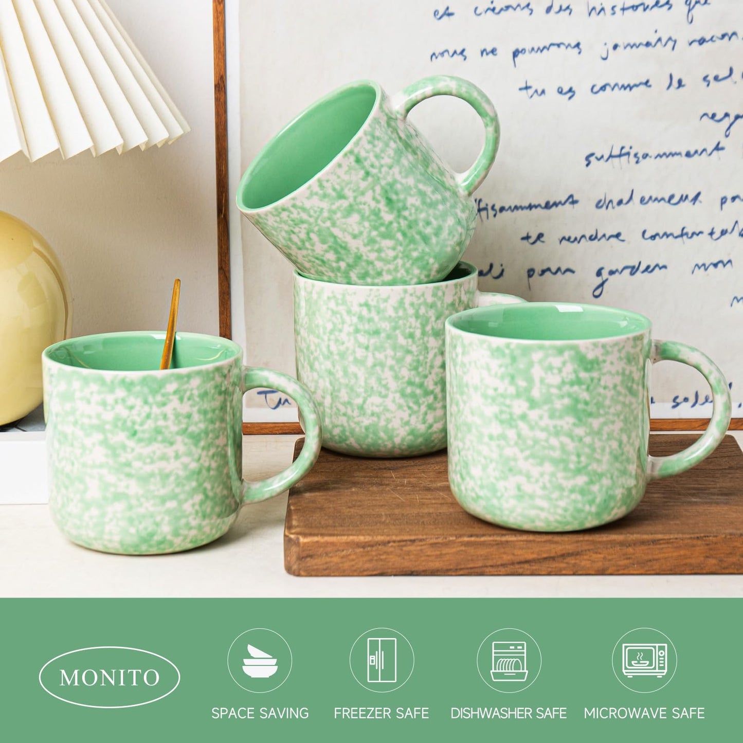 Ceramic Coffee Mugs Set of 4 – 12oz with Handle, Green