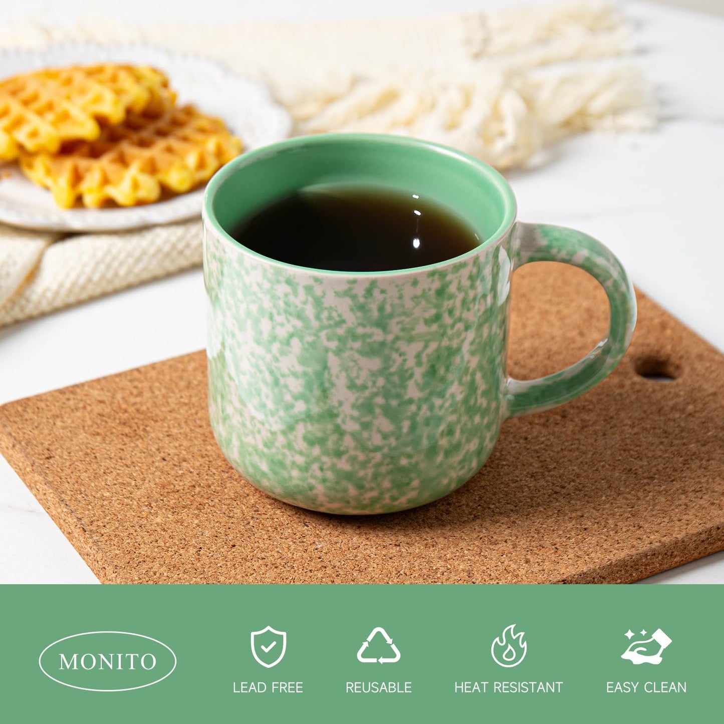 Ceramic Coffee Mugs Set of 4 – 12oz with Handle, Green