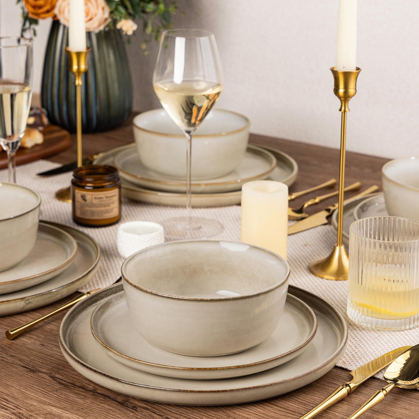 Stoneware Dinnerware Set – Reactive Glaze, Cappuccino, Service for 8