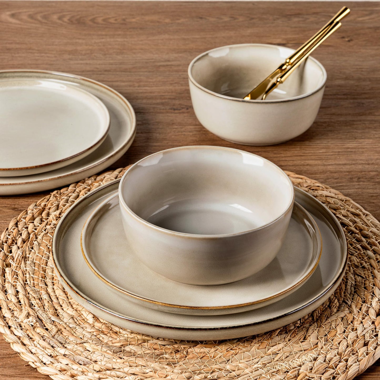 Stoneware Dinnerware Set – Reactive Glaze, Cappuccino, Service for 8