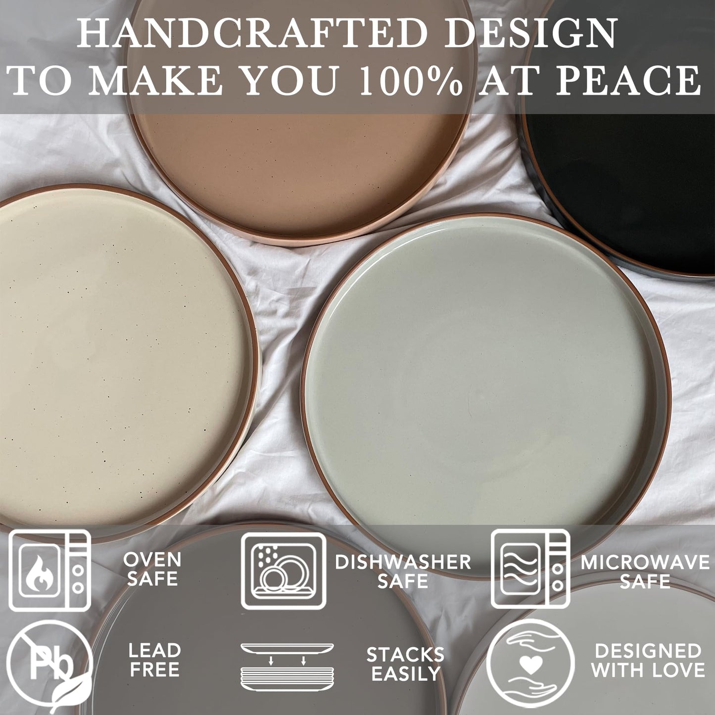 Ceramic Flat Plates Set of 6 – 8 Inch, Neutral Tones