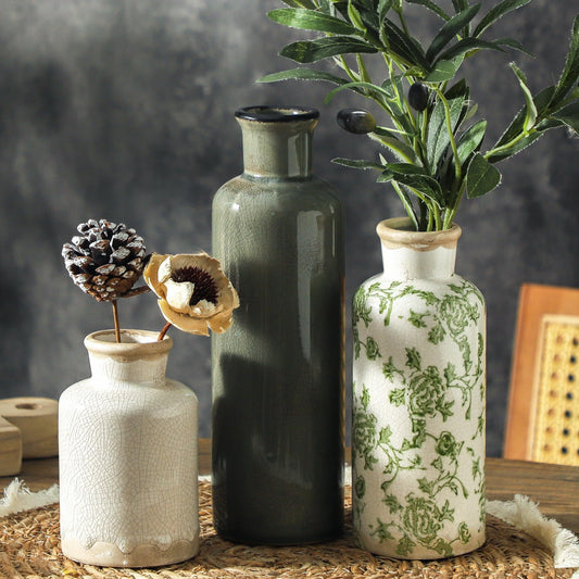 Ceramic Vintage Flower Vase Set of 3 – Green & Beige