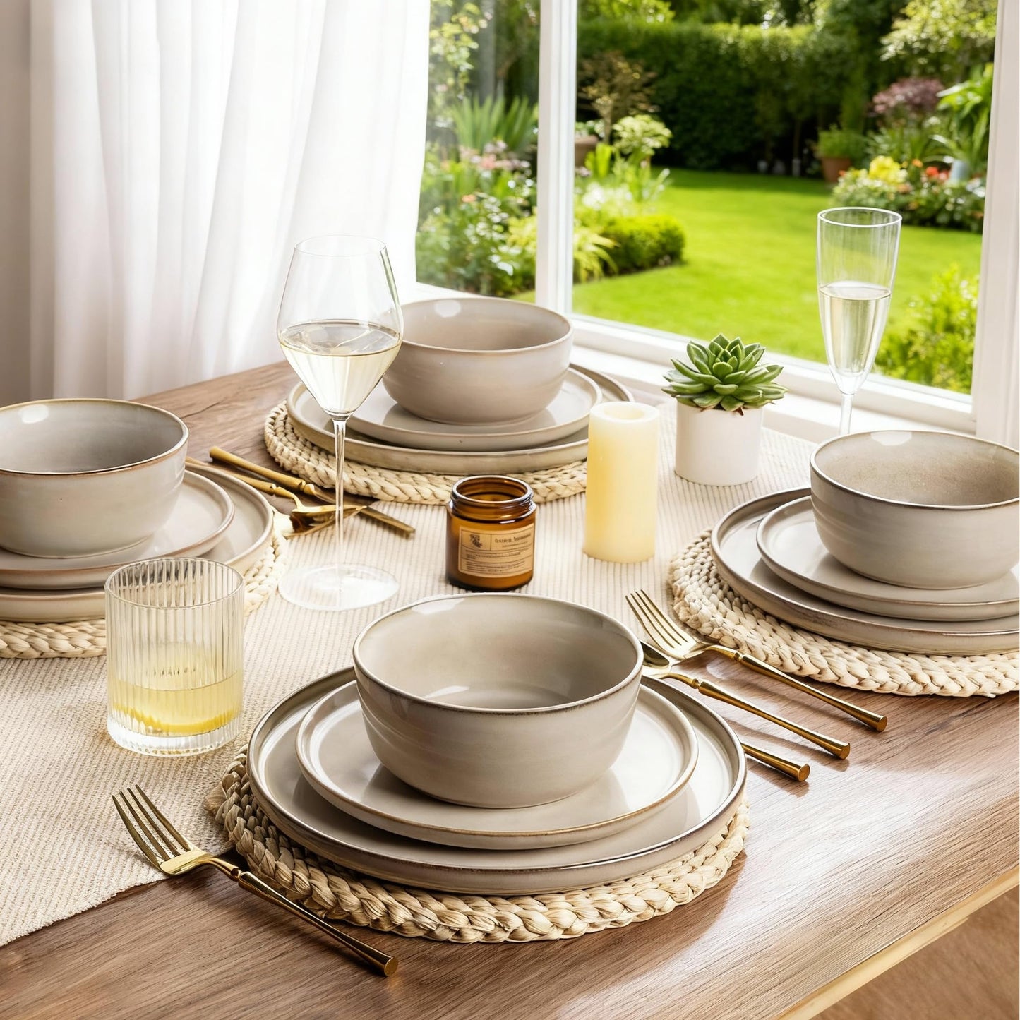 Stoneware Dinnerware Set – Reactive Glaze, Cappuccino, Service for 8