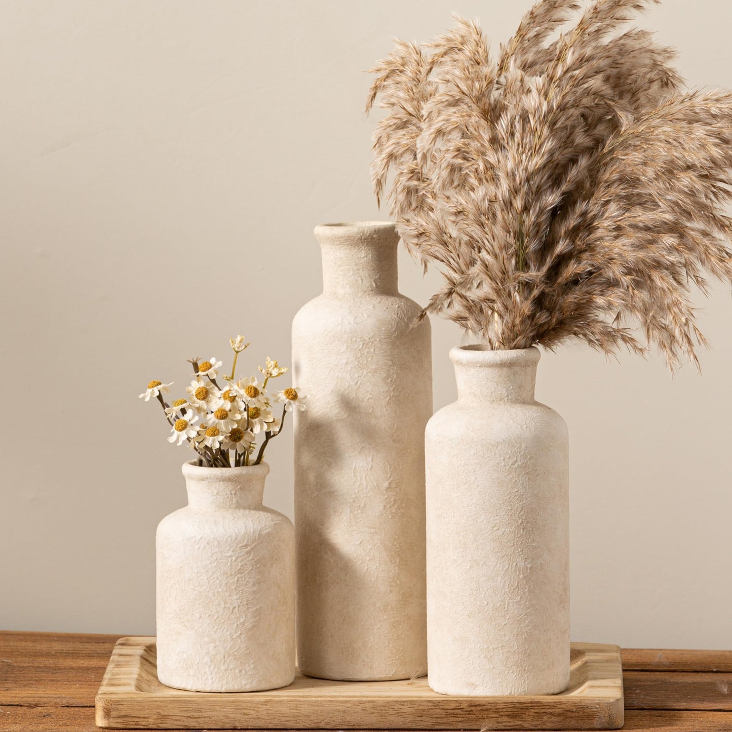 Ceramic Vase Set of 3 – Whitewashed Neutral Farmhouse Style