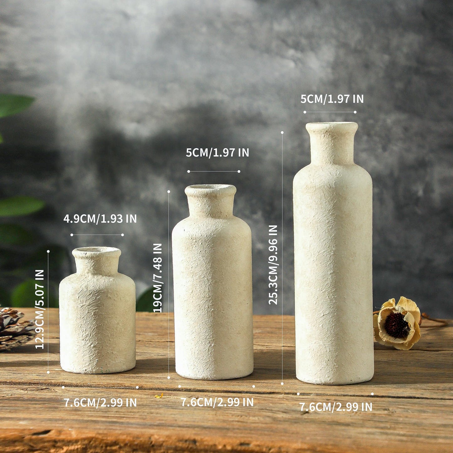 Ceramic Vase Set of 3 – Whitewashed Neutral Farmhouse Style
