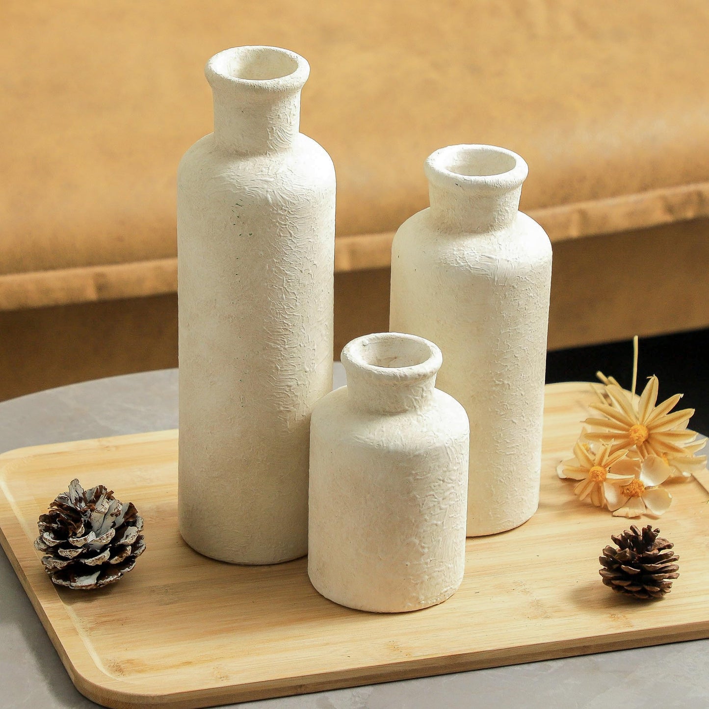 Ceramic Vase Set of 3 – Whitewashed Neutral Farmhouse Style