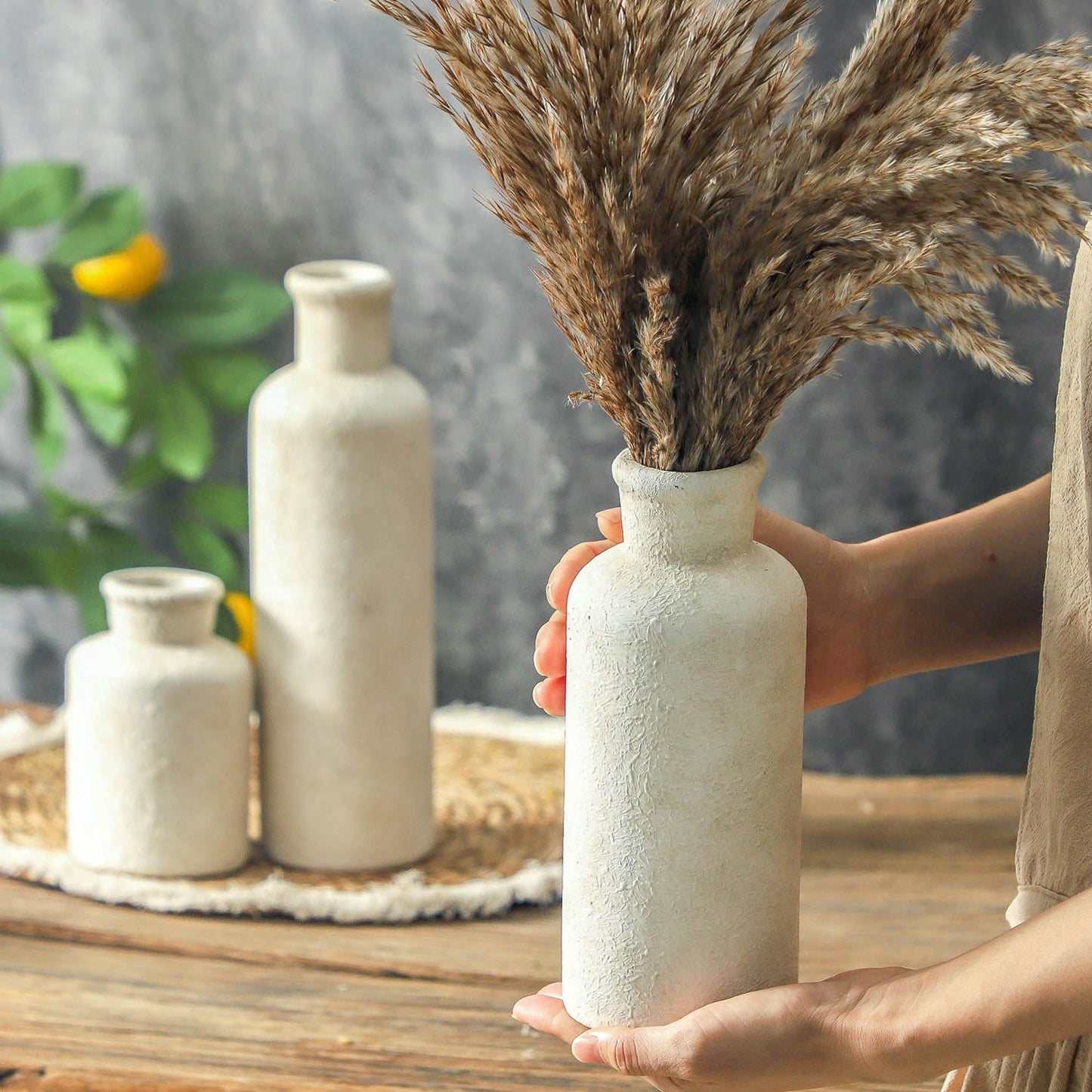 Ceramic Vase Set of 3 – Whitewashed Neutral Farmhouse Style