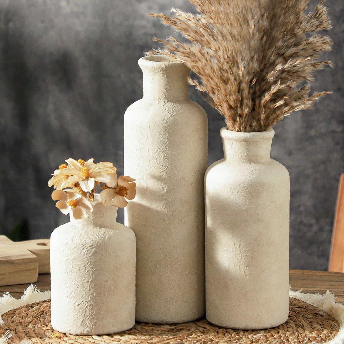 Ceramic Vase Set of 3 – Whitewashed Neutral Farmhouse Style