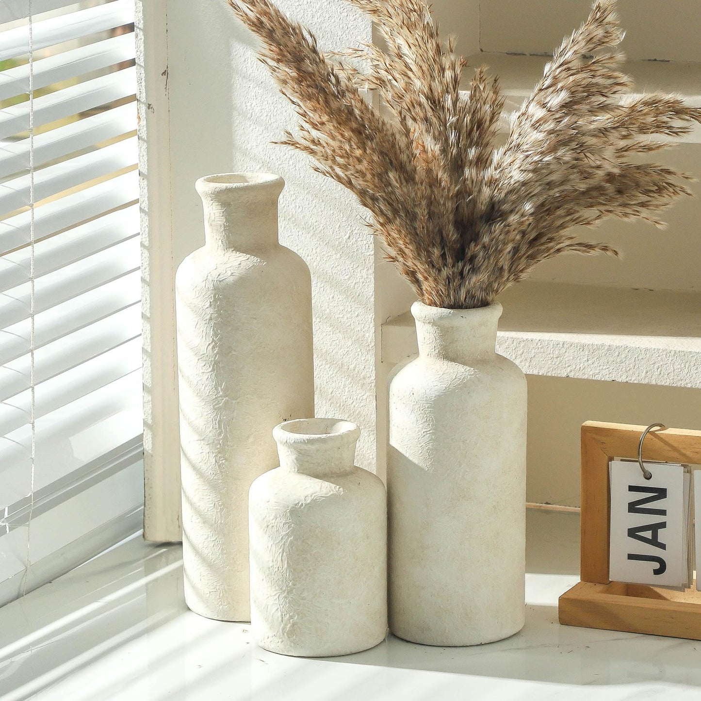 Ceramic Vase Set of 3 – Whitewashed Neutral Farmhouse Style