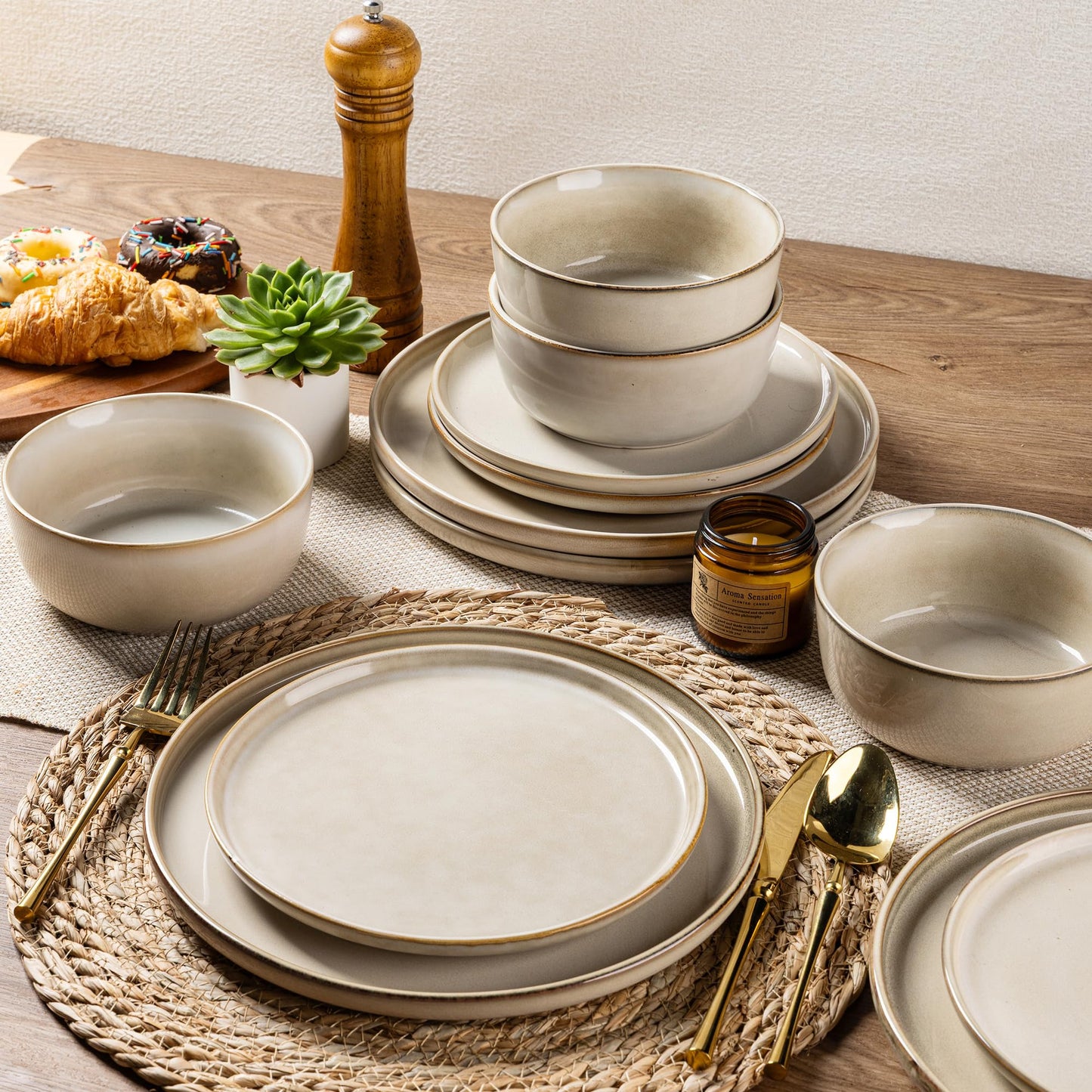 Stoneware Dinnerware Set – Reactive Glaze, Cappuccino, Service for 8